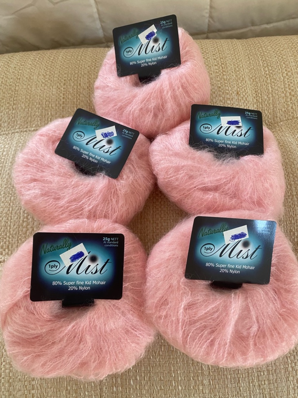 Lot of 5- Naturally Yarns Mist, Pink, 25 g, 181 yds, 80% Mohair, 20% Nylon
